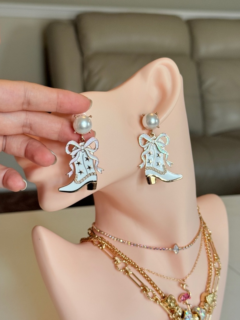 Pearl Top Blue Cowboy Boot Drop Earrings - Women Jewelry - Picture 7 of 13